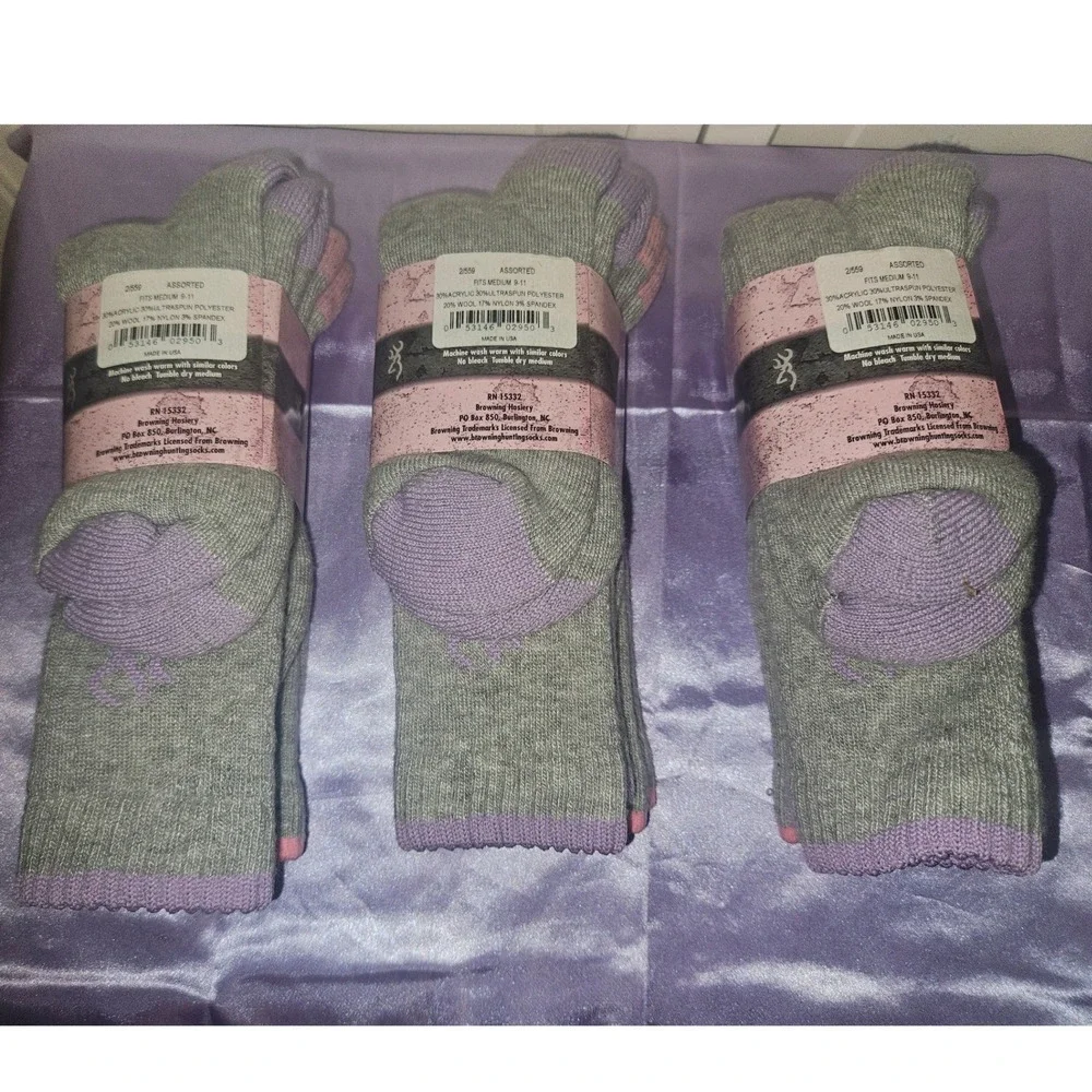 Browning 3 Pack Womens Wool Blend Crew Socks Grey Pink Purple Shoe Size 6-9 NEW